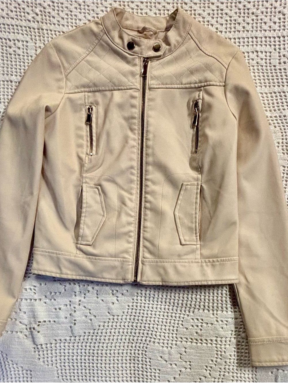 Miss London Quilted Faux Leather Jacket in Cream Size Small